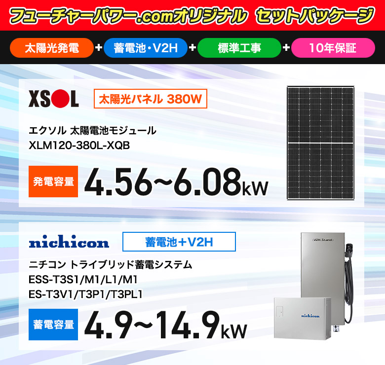 エクソル 太陽光パネル380W+ニチコン トライブリッド蓄電池+ニチコンV2Hスタンド 工事込セット