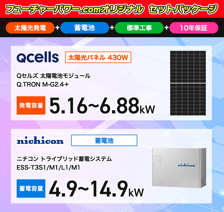 Qセルズ太陽光発電430W＋ニチコントライブリッド蓄電池 工事費込セット