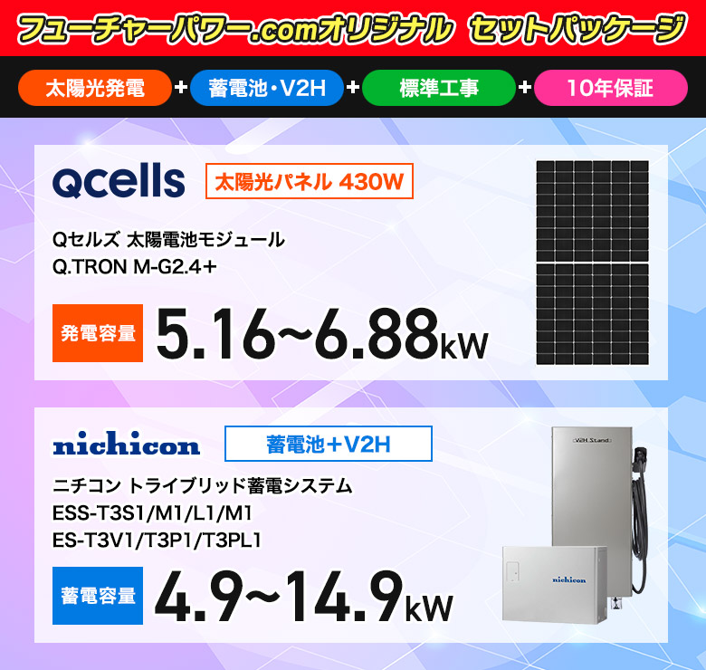 Qセルズ 太陽光パネル430W+ニチコン トライブリッド蓄電池 工事込セット